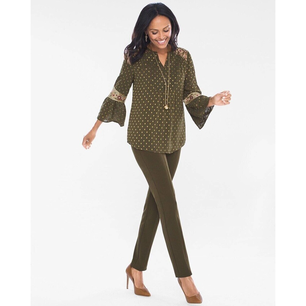 Chico's Dot Jacquard Peasant Top Green Gold Metallic Floral Size 2 12 H14724 - Picture 11 of 11